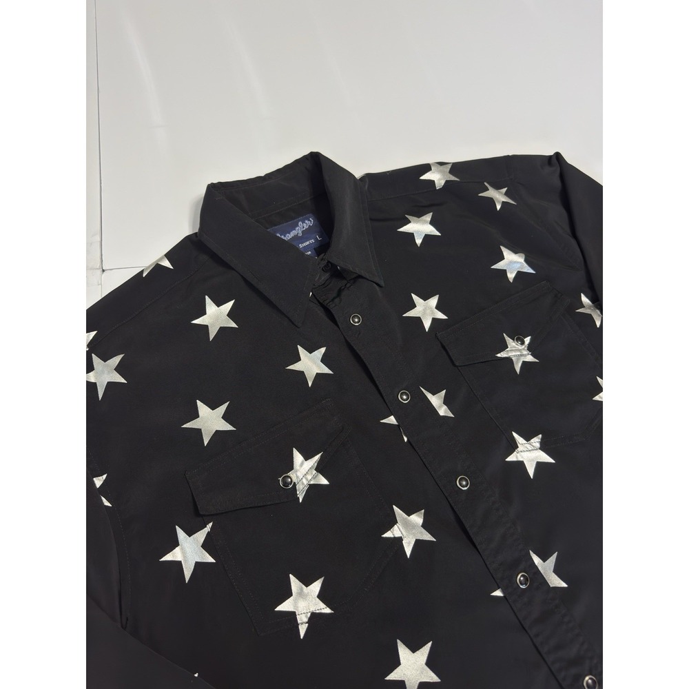 VTG 90s Wrangler Western Mens Pearl Snap Shirt L Metallic Silver Stars Cowboy - Picture 5 of 10